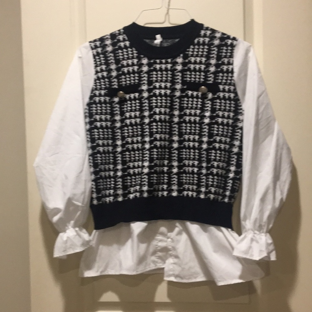 NWOT Avantlook pullover vest sweater/ white shirt attach/long sleeve w/ruffle OS